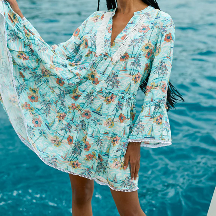 Tiered Maxi Vacation Hawaiian Dress With Floral Print Rayon Material OEM Service Formal Occasion