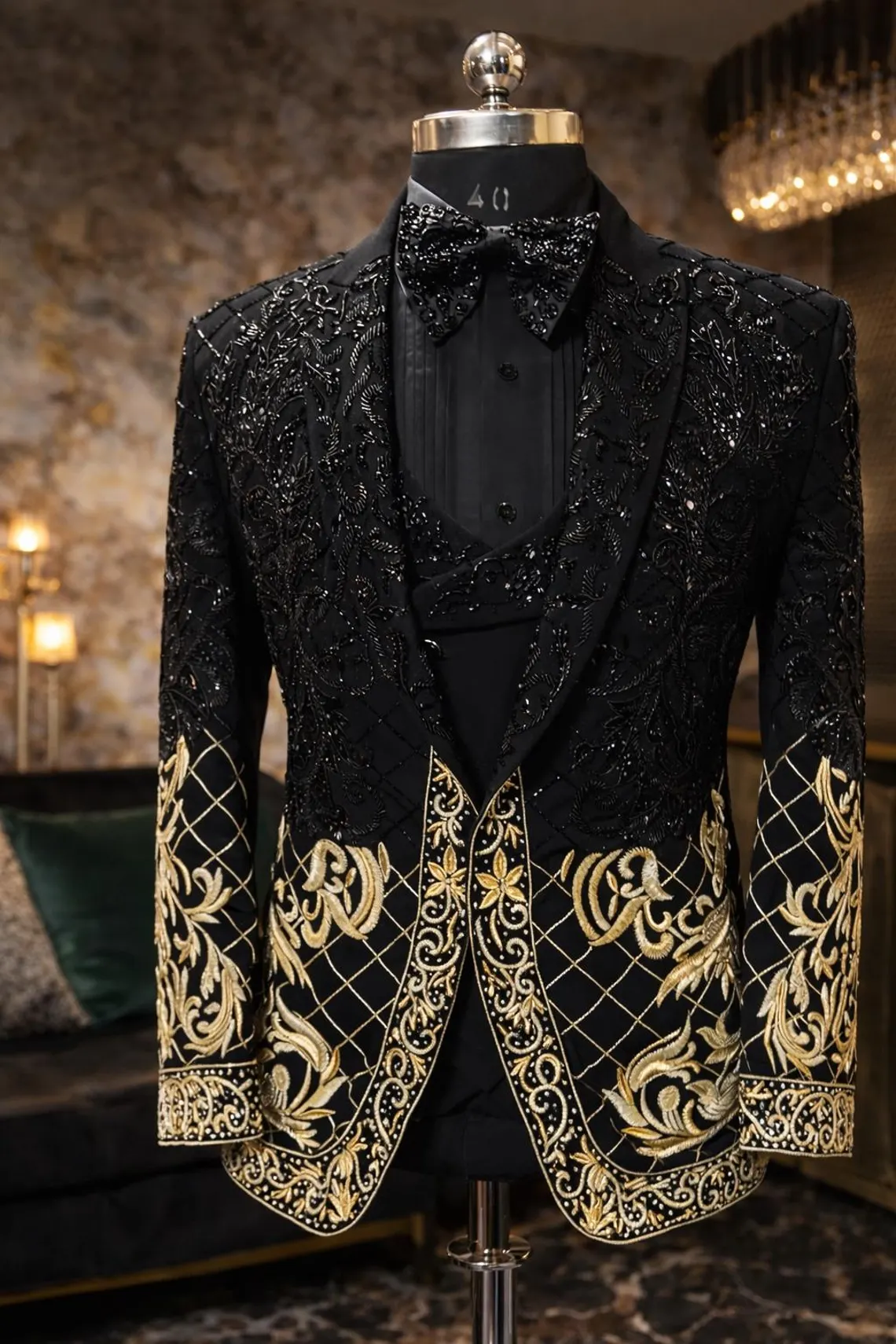 Men&rsquo;s Black Luxury Designer Tuxedo Suit with Gold Embroidery &ndash; Wedding Party Blazer with Vest &amp; Bow Tie