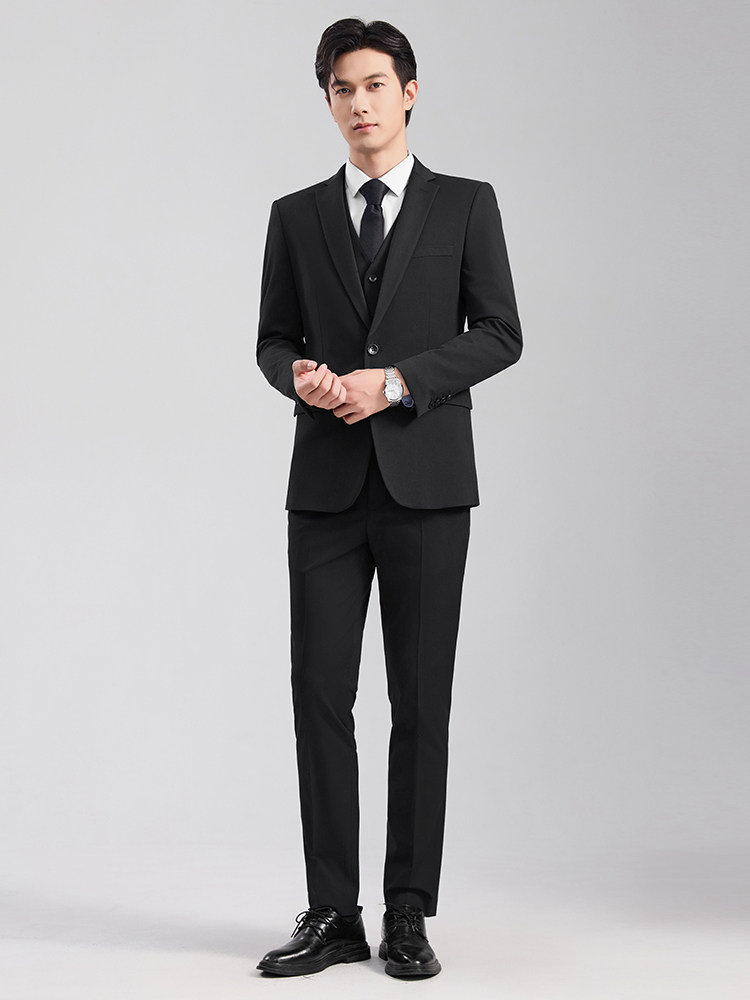 Male College Students Senior Sense Civil Servant Interview Black Business Suits Slim-fit Notched Collar Bonded Lining Polyester