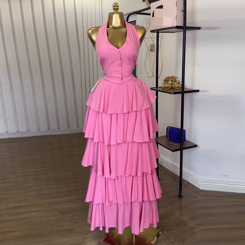 Hanging Neck Sleeveless Vest High Waist Cake Halter Skirt Women's 2 Piece Set