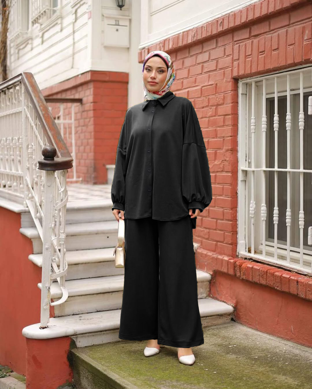 2025Ladies 2 Piece Pleated Cotton Set/suit of Waves Solid Color Office Wear Sets for Modest Muslim Women Suits With Pants