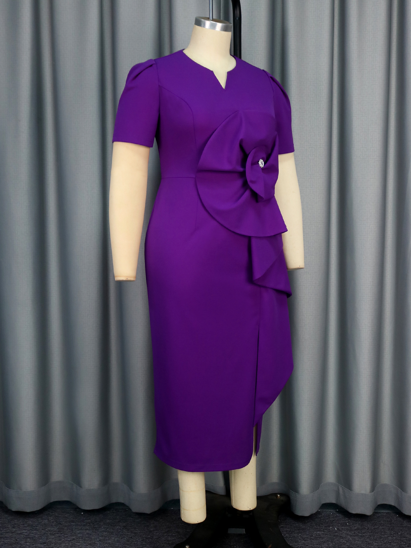 Summer 2025 New Design Flower Short Sleeves Split Bead Purple Interview Formal Women Career Dresses