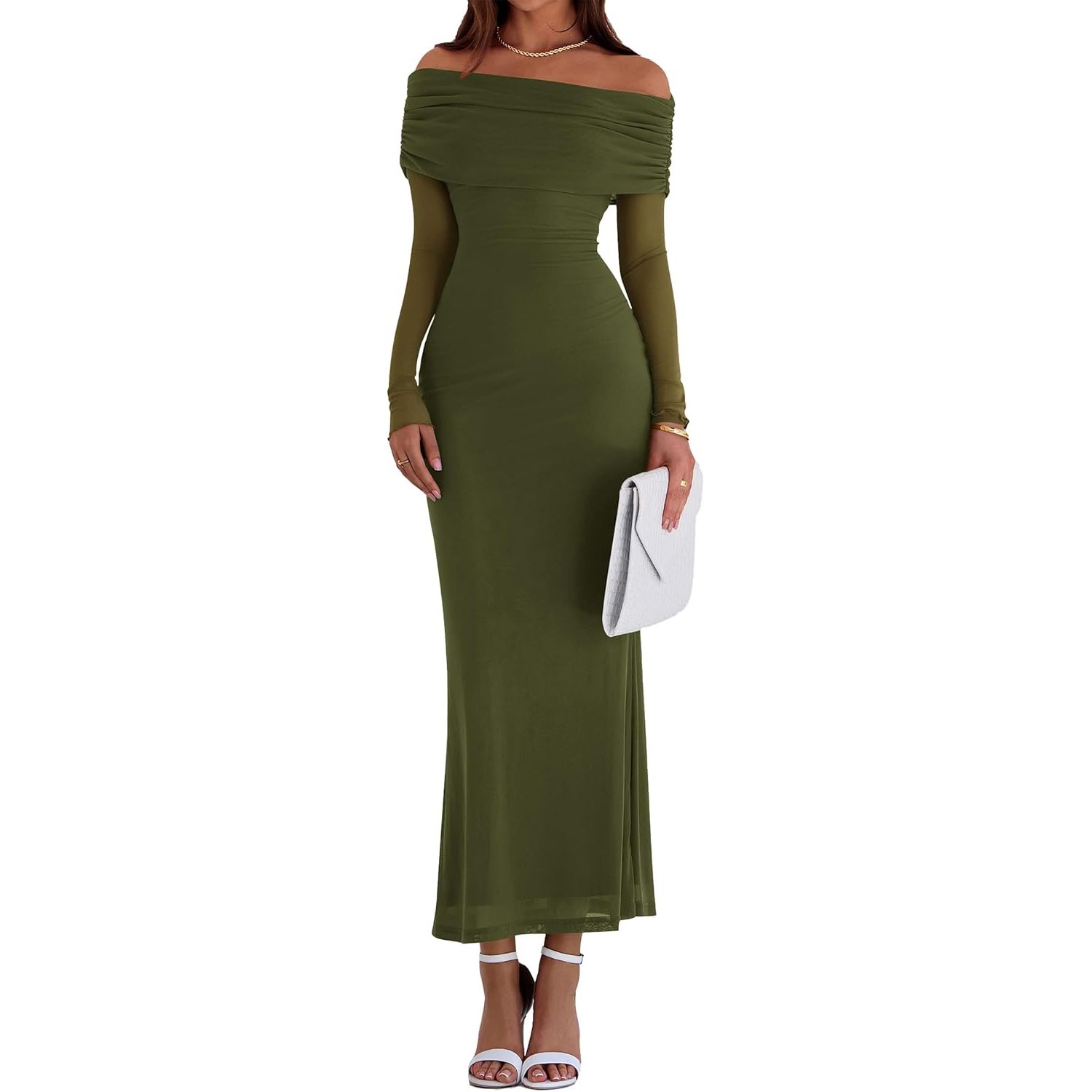 Custom Elegant Shoulder Long Sleeve Formal Wedding Guest Bodycon Maxi Dress