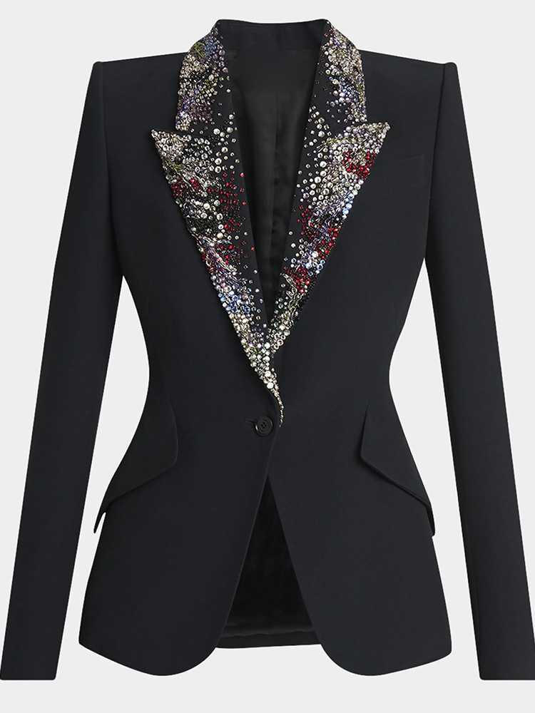 A11416 Elegant Women's Designer Luxury Blazer Jacket Black Crystal Evening Formal Outerwear for Airport Business Blazer Women