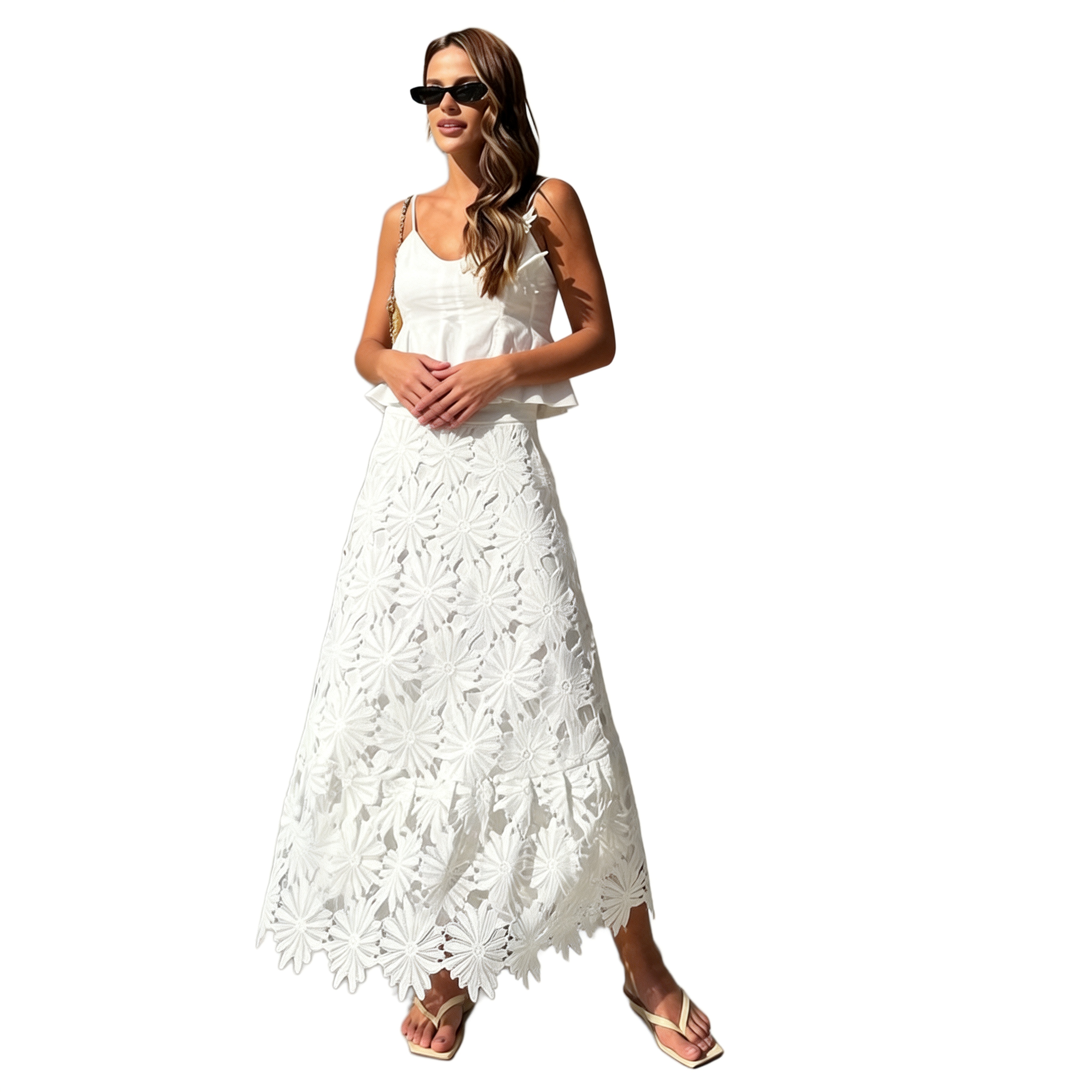 2026 Spring New Bohemian Niche Style Hollow-out Women's Elegant Spaghetti Strap Ruffle 3D Floral Applique Skirt Two-Piece Set