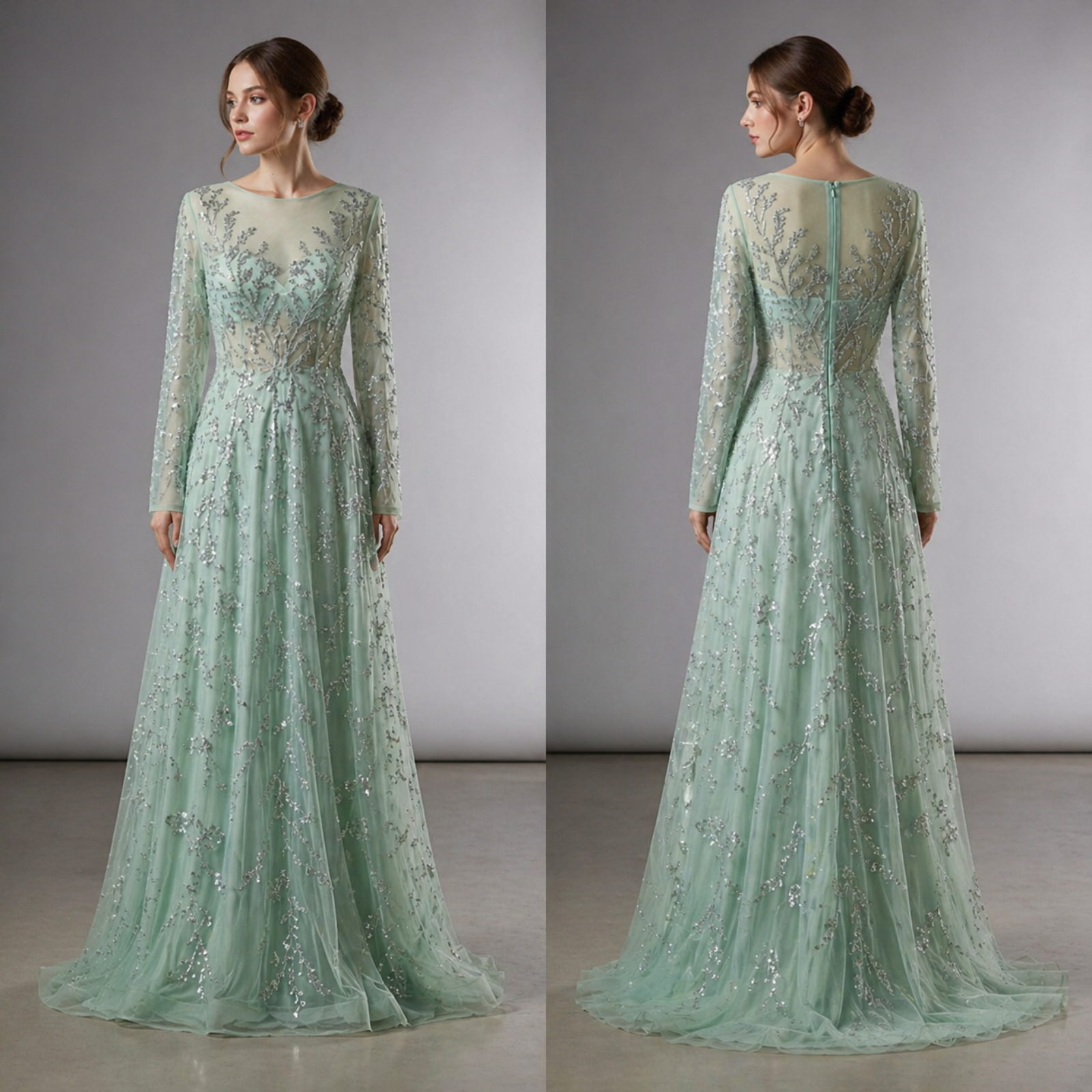 Luxury Modern Long Sleeve Embroidered Sequin Tulle A-Line Evening Gown | Natural Waist Women's Formal Wear Designer 2026 New