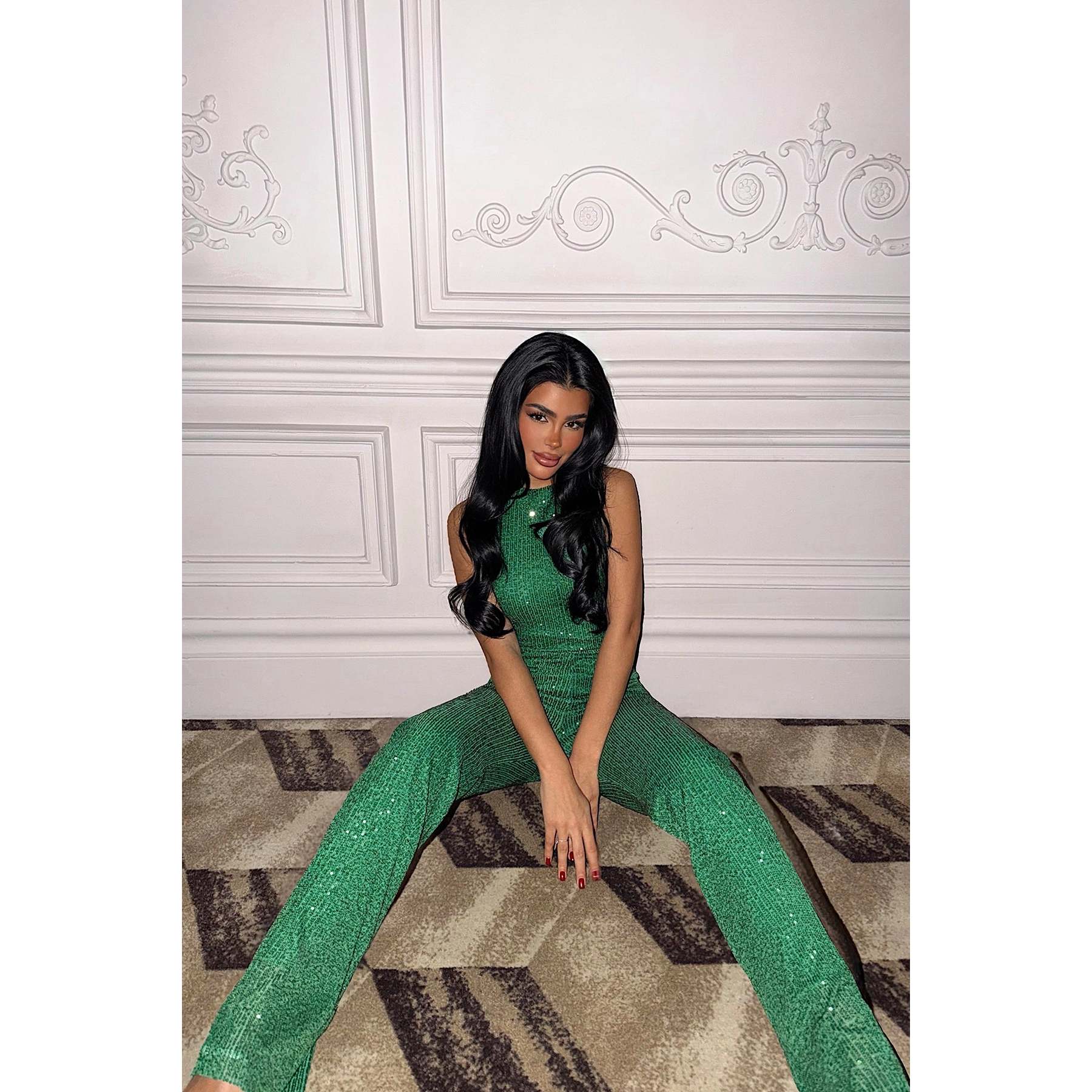 Green Glittery Strappy Evening Jumpsuit with Sequined Print Formal and Casual Style for Spring Summer Autumn and Winter