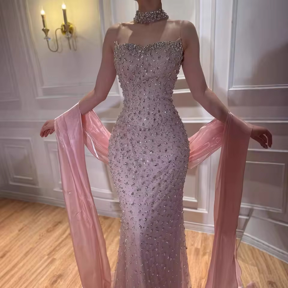 Nude/Pink/Blue 2026 Luxury Dubai Kosovo Designer Evening Dresses with Cape Gowns for Wedding Party Formal Evening Gowns LA73225