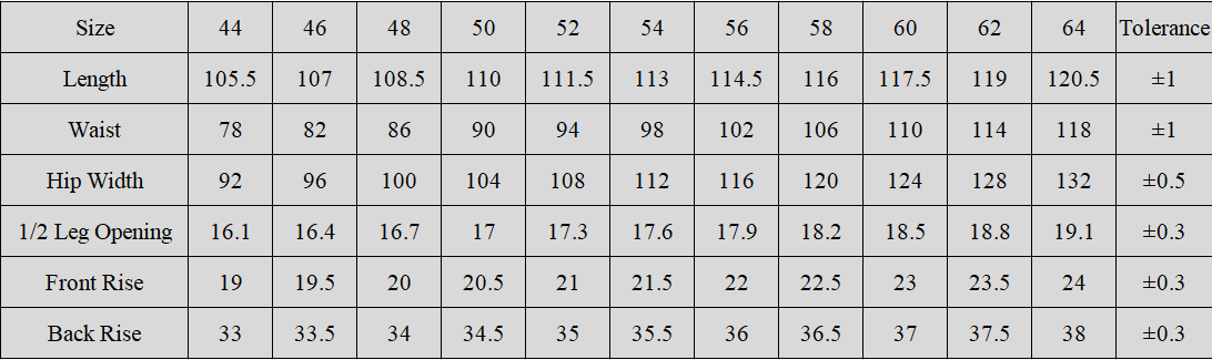 Model Pants Size Guide