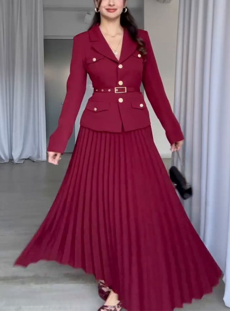 Europe and the United States New Style Waist Suit Jacket Press Fold Long Skirt Two-piece Women's Dress Suit