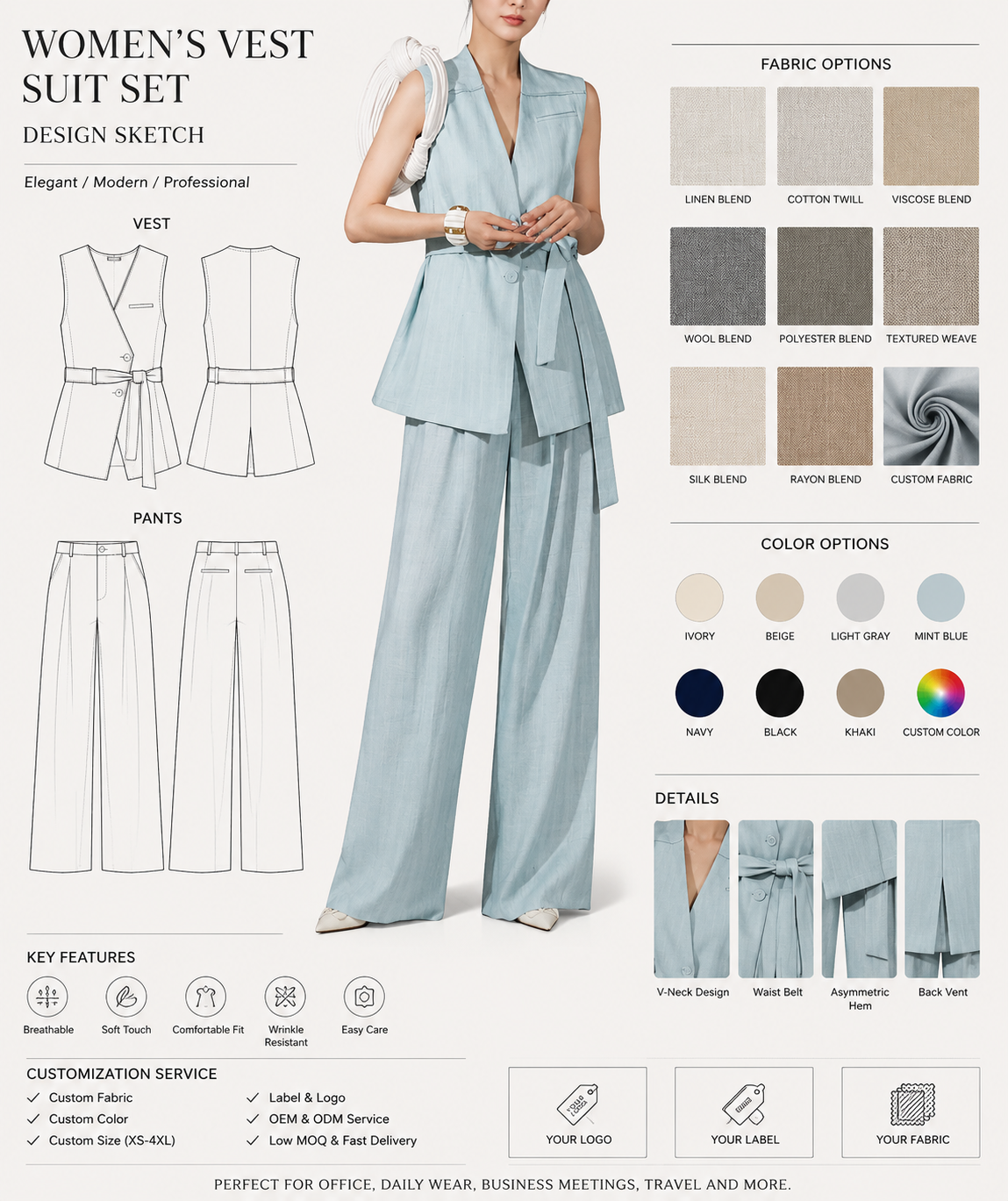 2026 Minimalist Linen Sleeveless Blazer Set Women, Waist Tie Blazer Wide Leg Pants Casual Office Suit, Formal Workwear