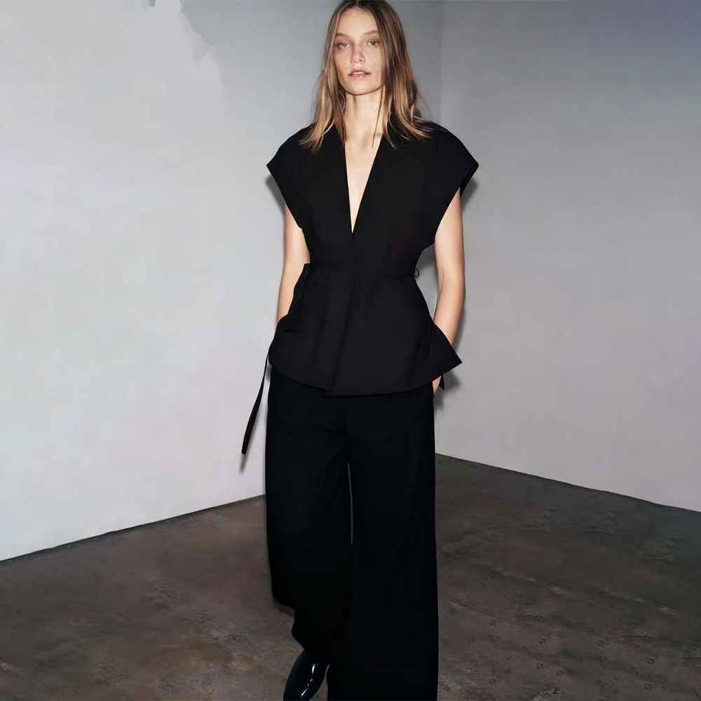 Women's Summer Two-piece Set 2025 Cap Sleeve V-neck blazer Vest Wide-leg Pants Suit Formal