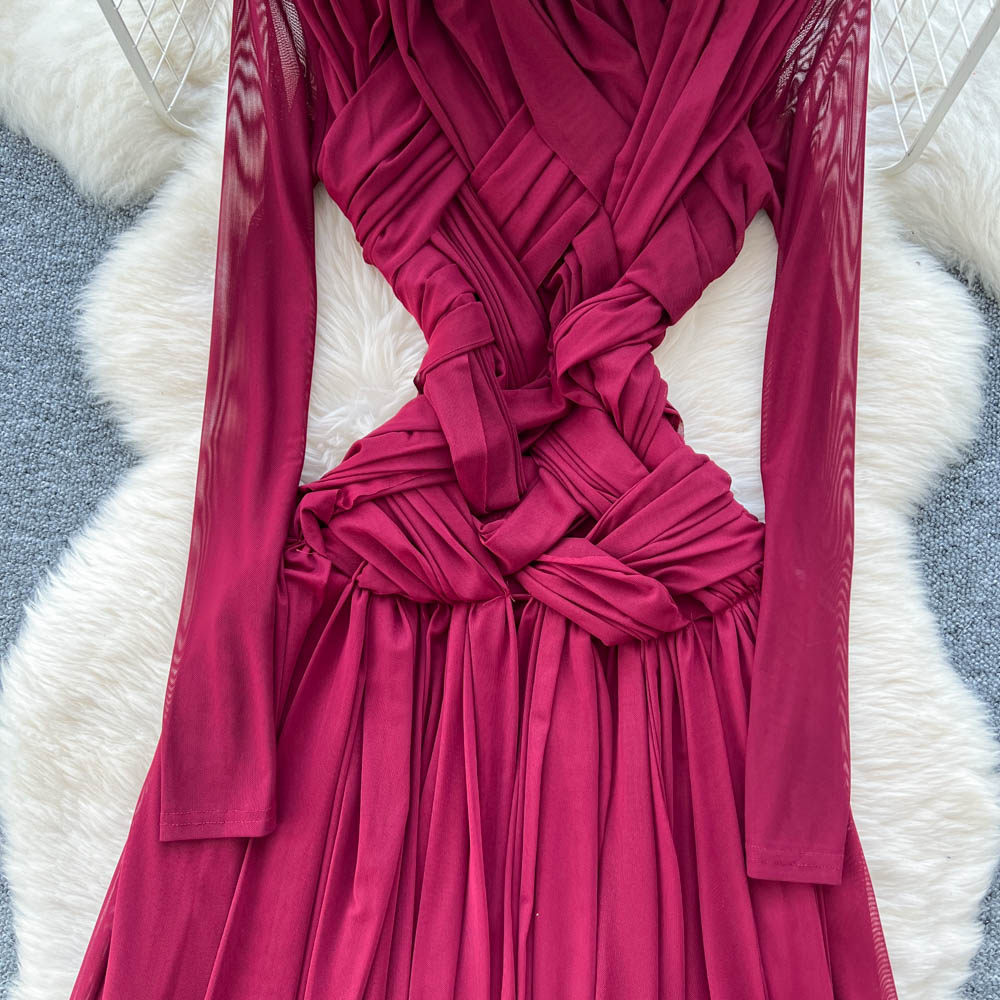 2025 Solid Digital Luxury Elegant Maxi Gown Women's Fashion Designer Long Sleeve Belted Slim Anti-Wrinkle Breathable Formal