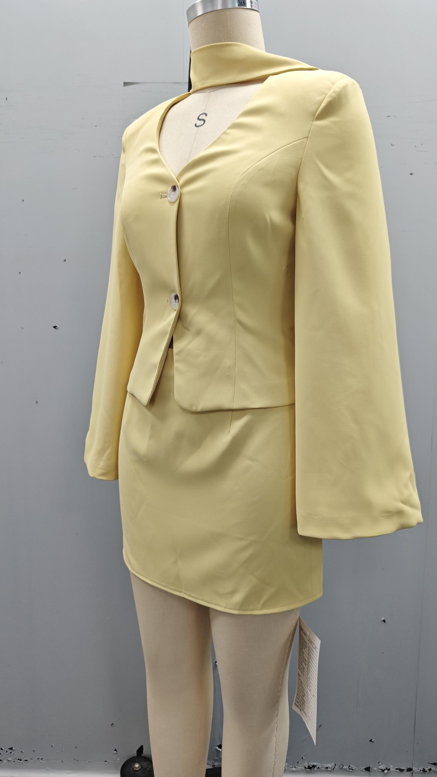 Elegant Yellow Two Piece Suit Set Blazer and Mini Skirt Sophisticated Tailored Yellow Suit Office and Event Wear