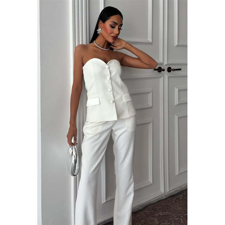 Sobe Women's ECRU Satin Suit Set Two Piece Blazer Pants Formal Wear with Needle Detection Model 10024