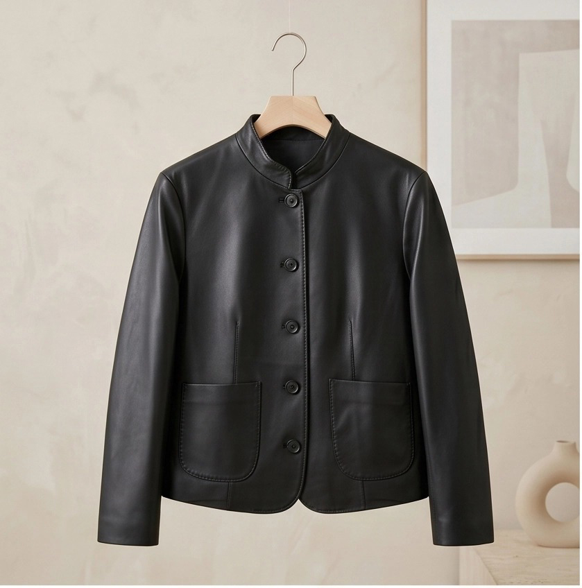 New Arrival Women Black Lambskin Leather Jacket Stand Collar Minimalist Outerwear for Casual &amp; Formal