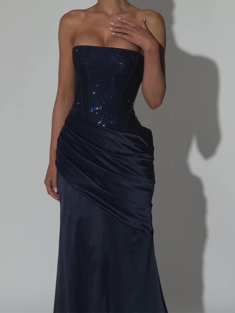 CustomLuxury Sequin Satin Mermaid Dress with Lace up Back Design Strapless Evening Gown for Elegant Party and Red Carpet Wear