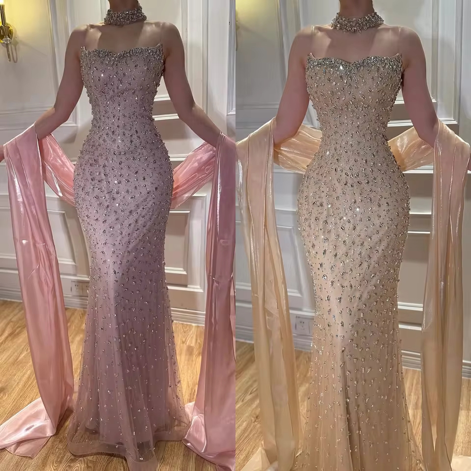 Nude/Pink/Blue 2026 Luxury Dubai Kosovo Designer Evening Dresses with Cape Gowns for Wedding Party Formal Evening Gowns LA73225
