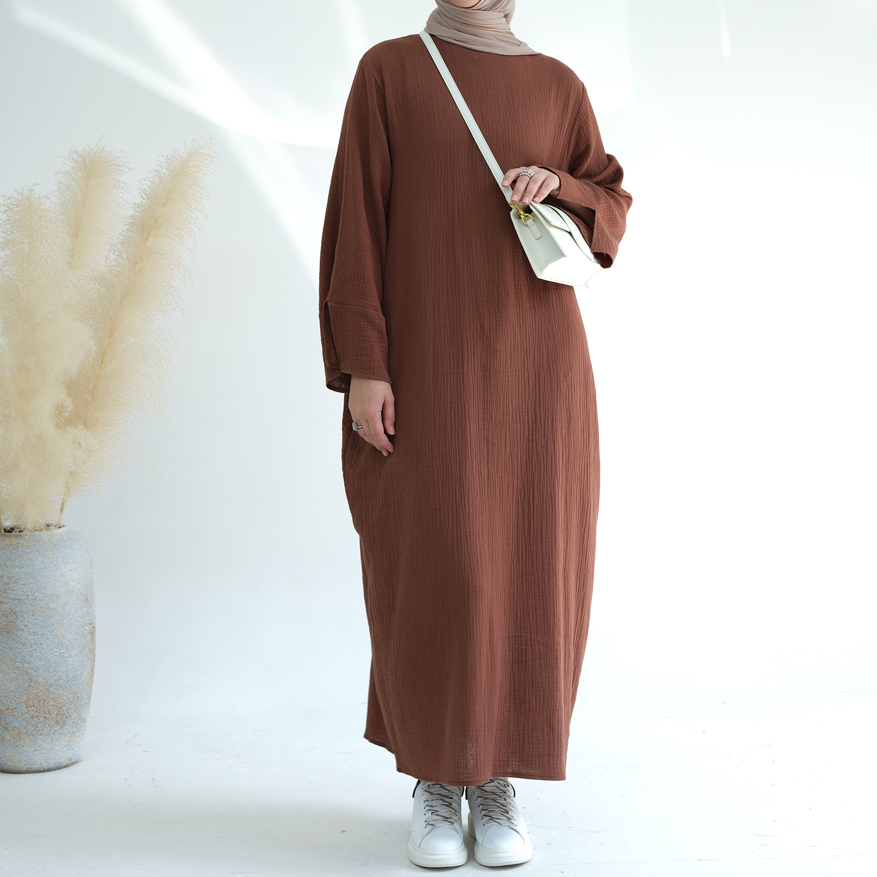 Pure Color Slit Cuff O Neck Crepe Cotton Fabric Muslim Woman Winter Autumn Modest Abaya on Sale