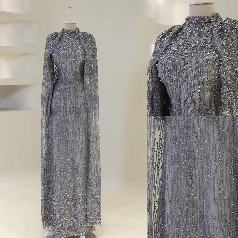 Custom OEM Women Luxury Silver Grey Full Sequin Pearl Beaded Cape Sleeve Stand Collar Modest Muslim Evening Maxi Abaya Dress