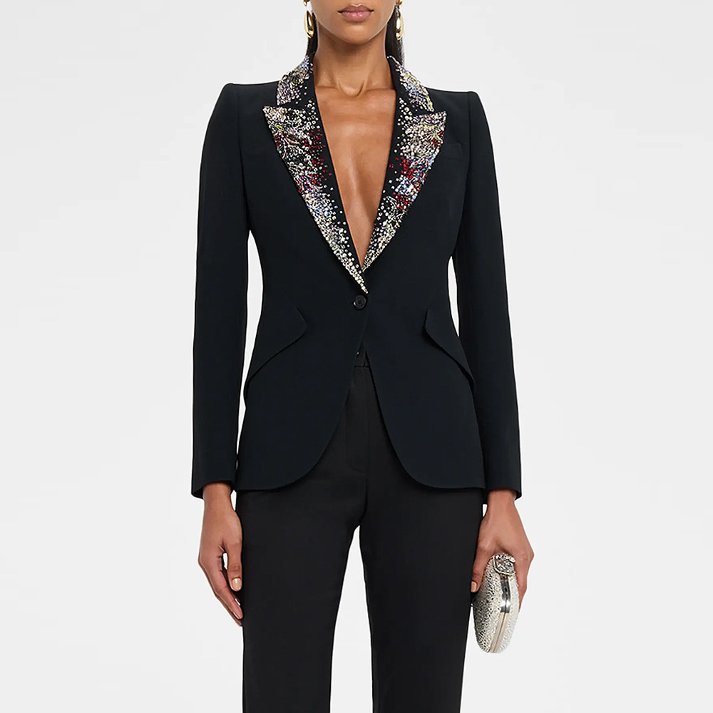 OEM High End Elegant Black Formal Evening Party Business Tailored Designer Outerwear Luxury Crystal Lapel Women Blazer Jacket
