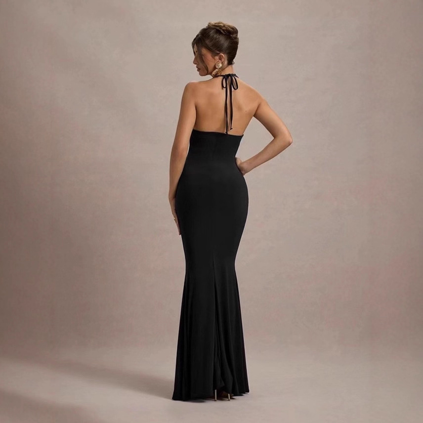 Sexy Niche Irregular Hanging Neck Slim Split Formal Evening Dress Women's Wholesale Quick Dry Polyester Spandex