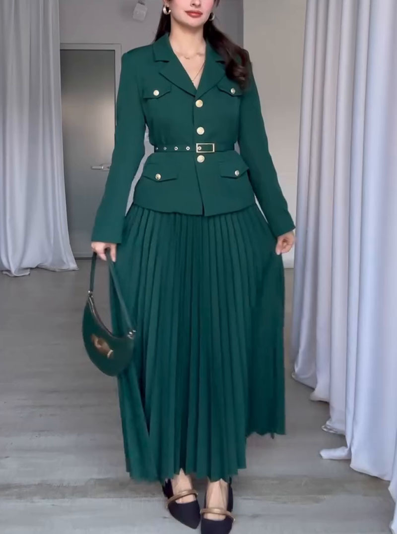 Europe and the United States New Style Waist Suit Jacket Press Fold Long Skirt Two-piece Women's Dress Suit