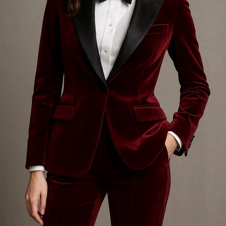 Red Wine Velvet Women&rsquo;s Tuxedo Suit Luxury Velvet Blazer &amp; Pants Set Formal Evening Wear Wedding Guest Outfit Designer