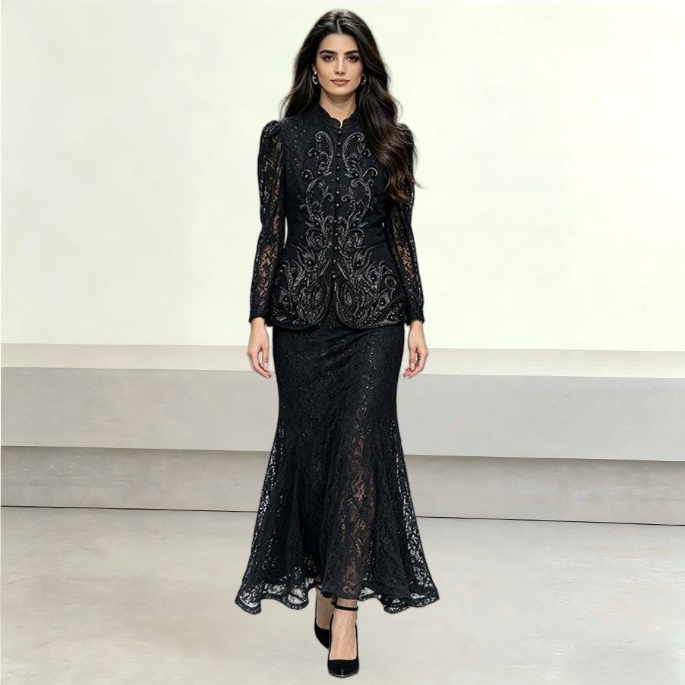 Women's Elegant Black 2 Piece Suit Lace Beaded Jacket and Mermaid Maxi Skirt for Formal Events Wedding Guest Party Modest Sets