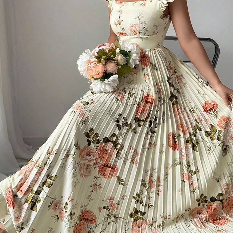 Square Neck Ruffle Sleeve High Waist Pleated Floral Eco-Friendly Breathable Casual Floor-Length Maxi Dress