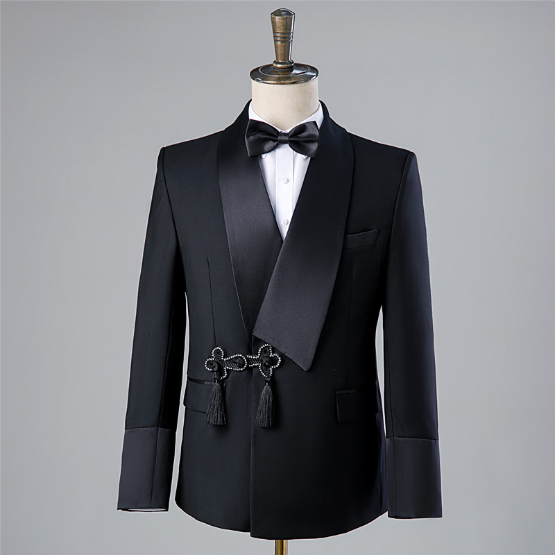 Men's Business Casual Formal Attire Chinese Style Shawl Collar Suits for Dinner Party Wedding Banquet Plus Size Groom's Outfit