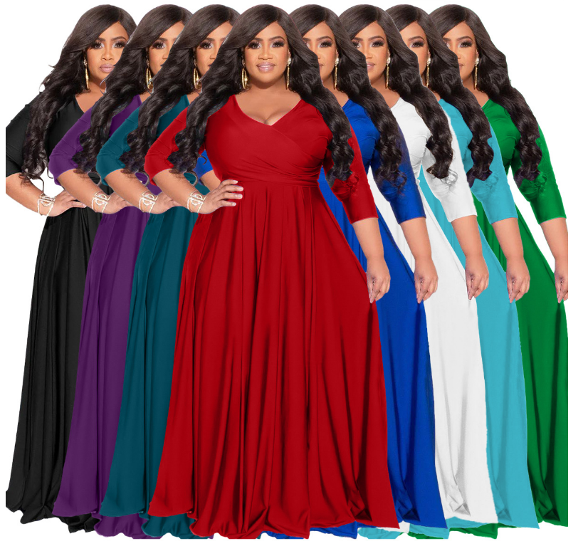 2024 Hot Selling Oversized Plus Size Lady Women's Clothing Solid Color V-neck Sexy Wedding Formal Dress