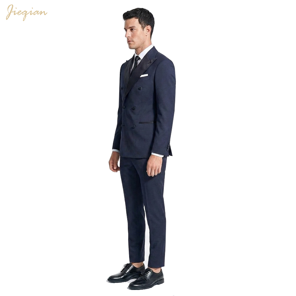 OEM ODM Custom Men's Suit Navy Blue Double Breasted Satin Peak Lapel Blazer Tuxedo Wedding Party Formal Wear 2 Piece Set