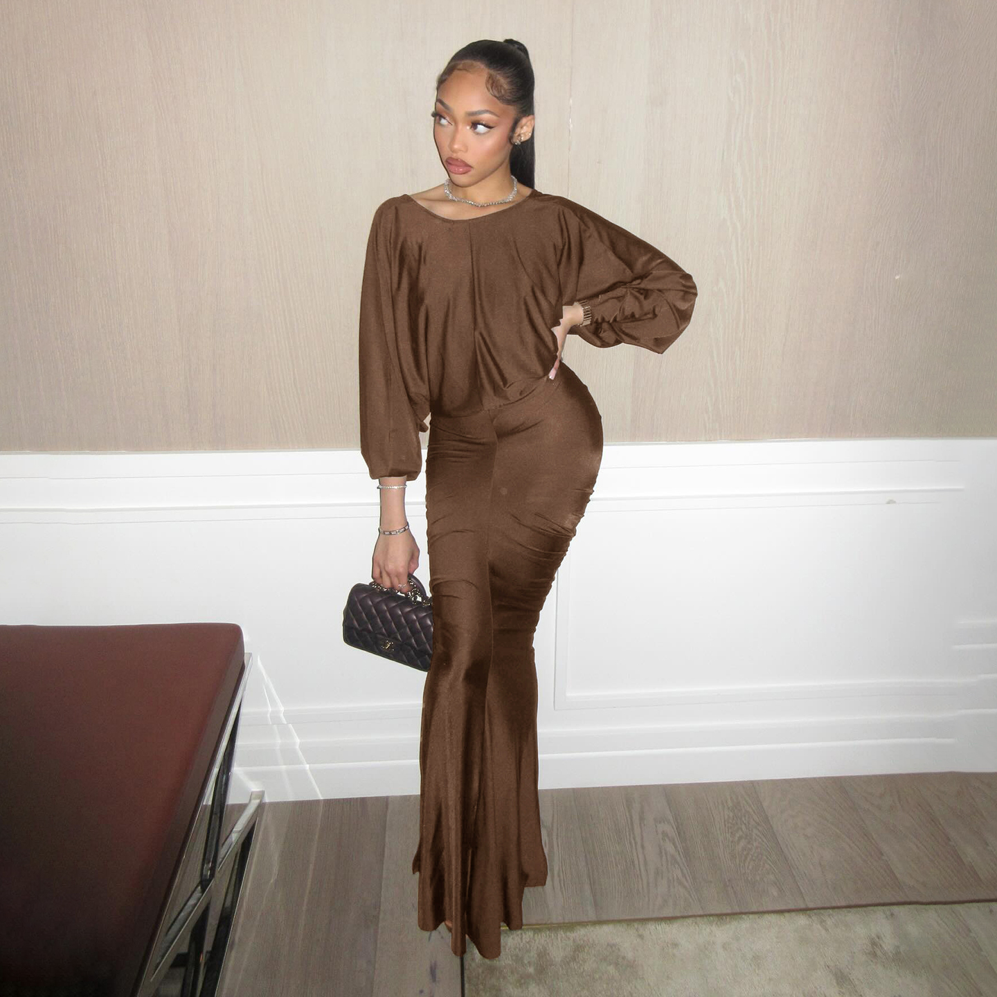 Retro Elegant Solid Color Backless Ruched Dress Women Wide Sleeve Fitted Mermaid Gown Sexy Formal Evening Wear