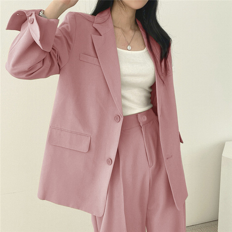 2026 Women's Pink Button Design Korean Style Small Suit Set for Formal Office Wear Long Clothing