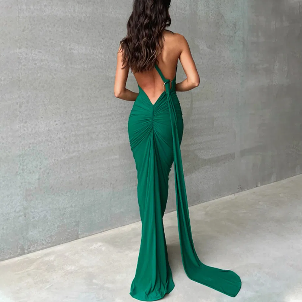 Trendy Deep Back Long Dress Women Chic Stretchy Fabric Cocktail Party Wear