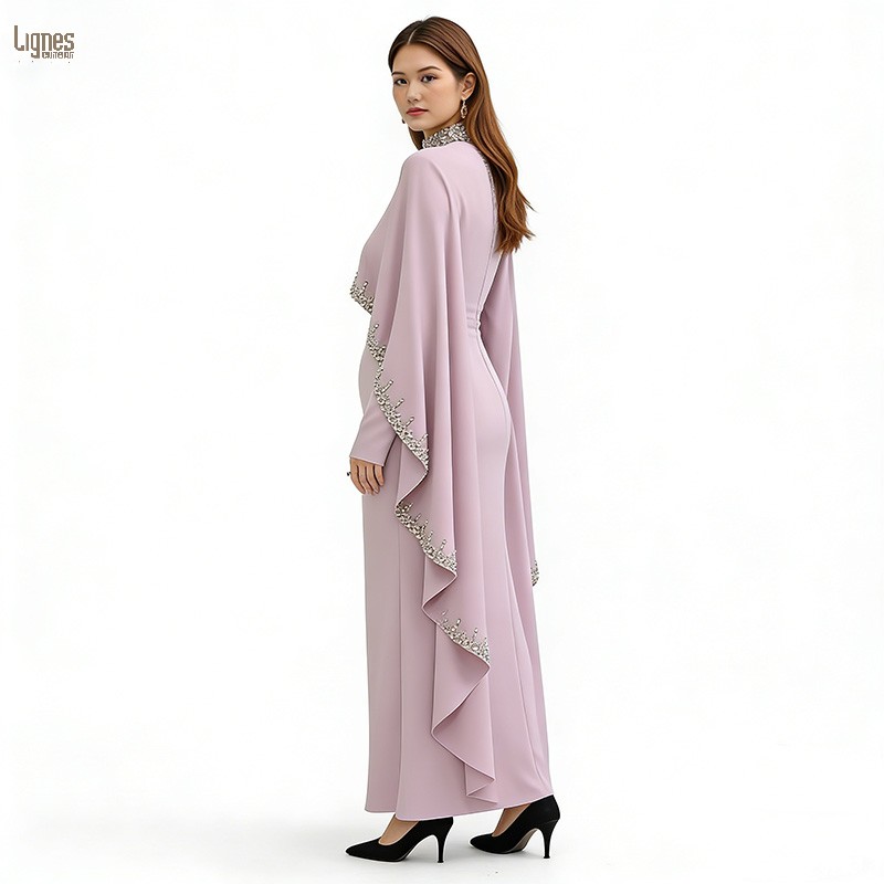 New Design Hand-Sewn Rhinestone Abaya Kaftan Light Pink Elegant Muslim Long Dress for Formal Occasions