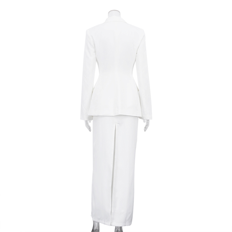 Shoulder Structured Slit Design Trending Spring Summer White Formal Lady Clothes Two Piece Women's Blazer Suit Skirt Set