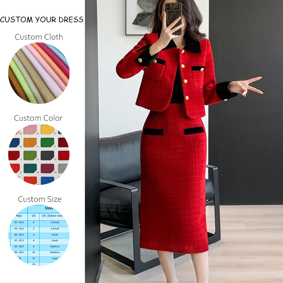 Polyester Casual Autumn Solid Button Pockets Turn Down Collar Khaki Women's Two Pieces Tweed Midi Skirt Suit Jackets Blazer Set