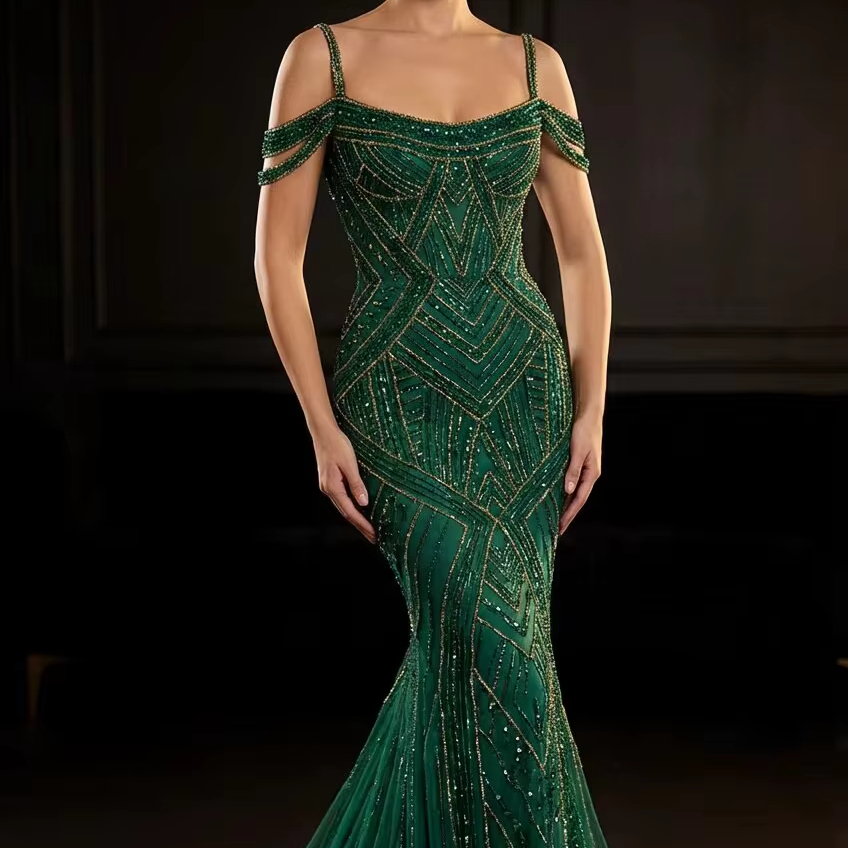 Exquisite Handmade Crystal Beaded Mermaid Dress Off-Shoulder Formal Gown High-End Evening Wear Women Special Occasion Party