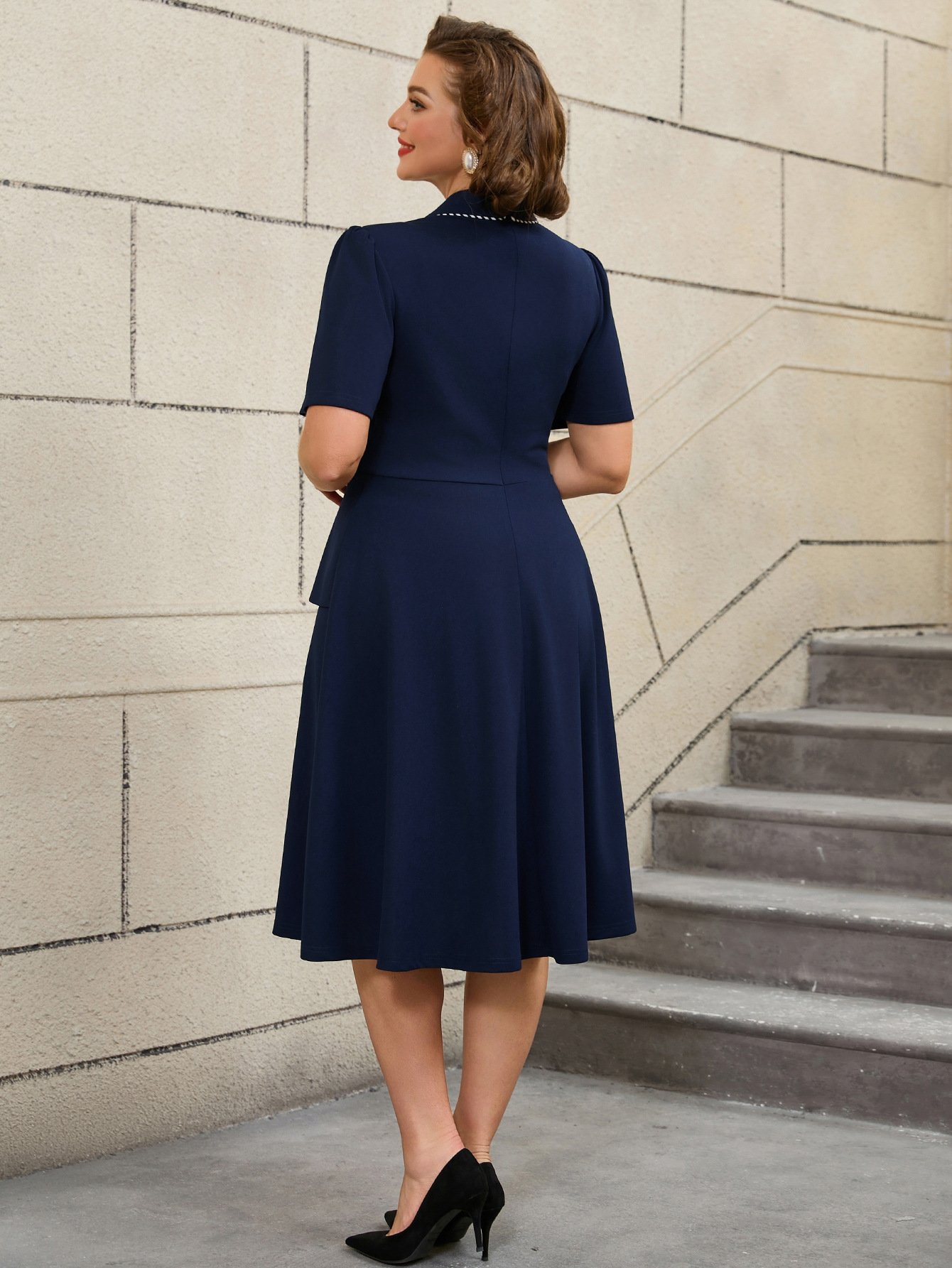 Elegant Plus Size Formal Interview Business Suits Midi Formal Summer Peplum Women's Career Dresses Navy Blue