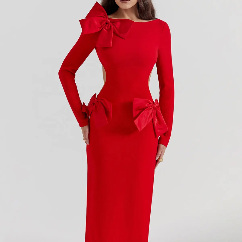 GS Elegant Red Bow Maxi Dress - Eye-Catching Formal Attire for Red Carpet Events