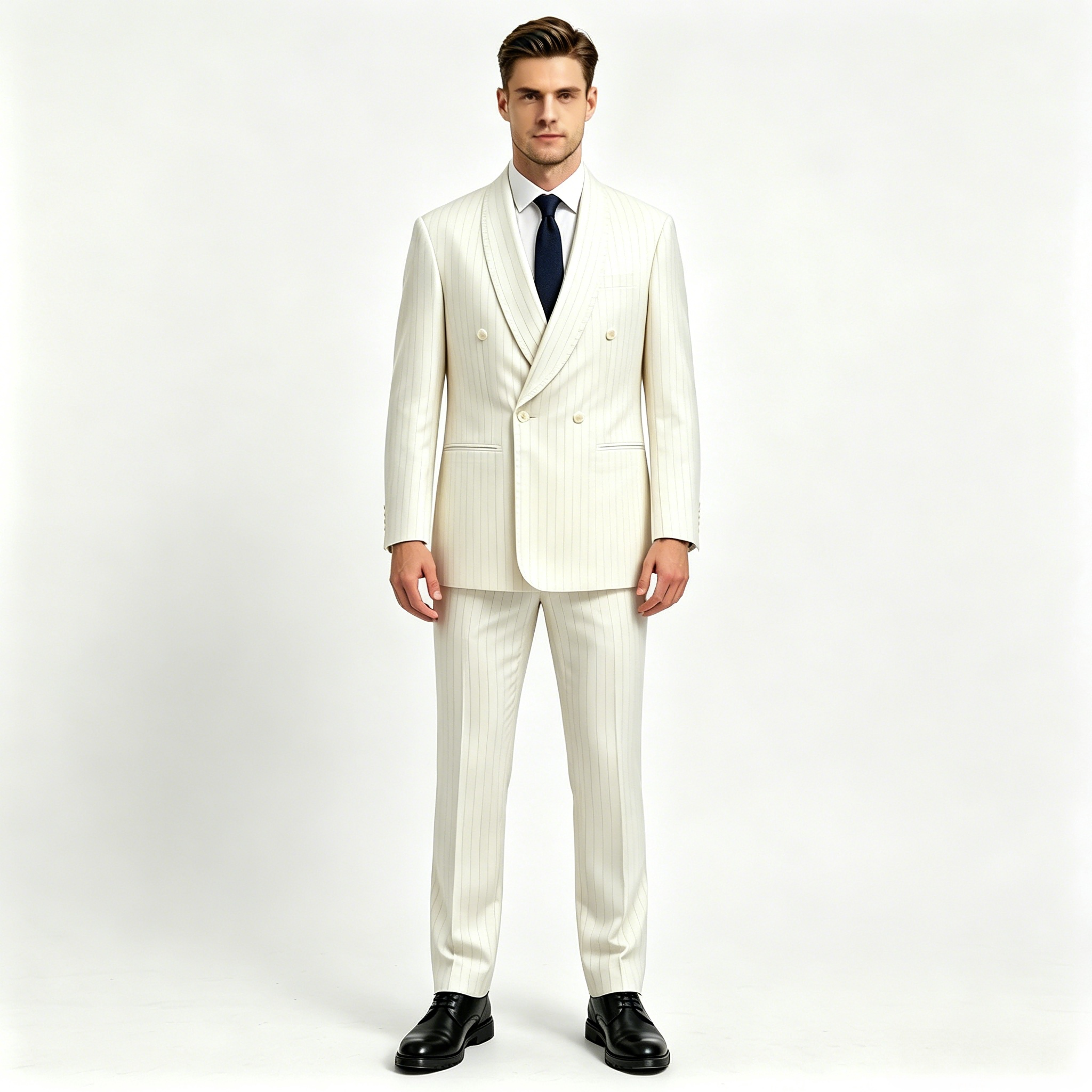 Viscose Polyester Business Suit for Weddings Banquets Gentlemen's Shawl Collar Double-Breasted Suit Pleated Button Fly Plus Size