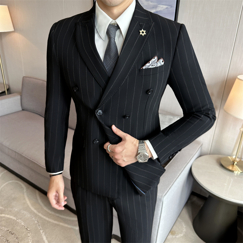 Double Breasted Pinstripe Men's Suit Set British Style Business Professional Formal Wedding Groom Slim Fit Blazer Pants Vest