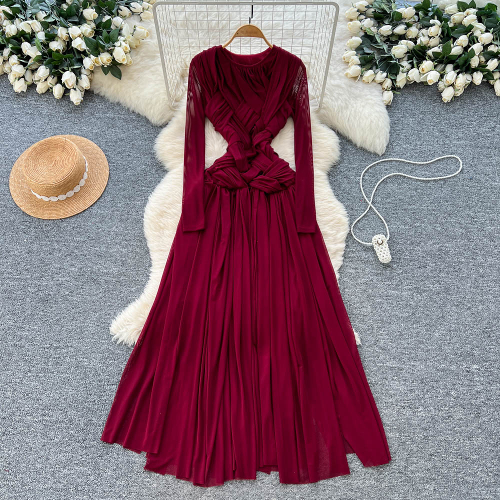 2025 Solid Digital Luxury Elegant Maxi Gown Women's Fashion Designer Long Sleeve Belted Slim Anti-Wrinkle Breathable Formal