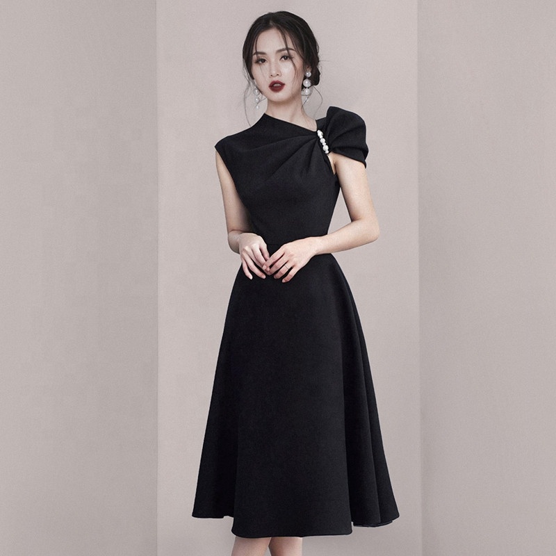 Formal Elegant Irregular Collar Sleeveless Beaded A-line Plus Size Women Party Midi Dress