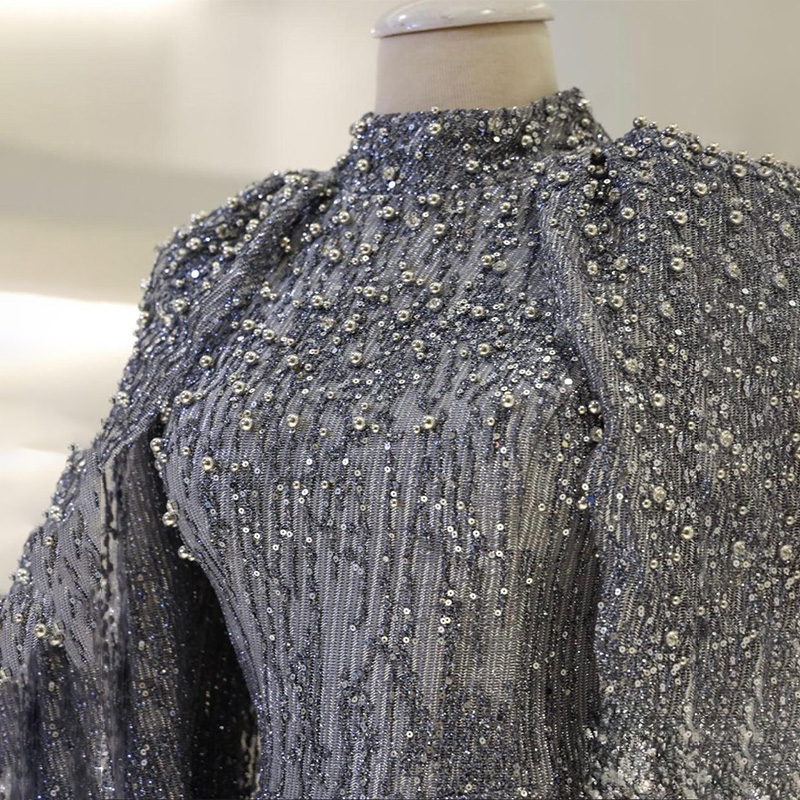 Custom OEM Women Luxury Silver Grey Full Sequin Pearl Beaded Cape Sleeve Stand Collar Modest Muslim Evening Maxi Abaya Dress
