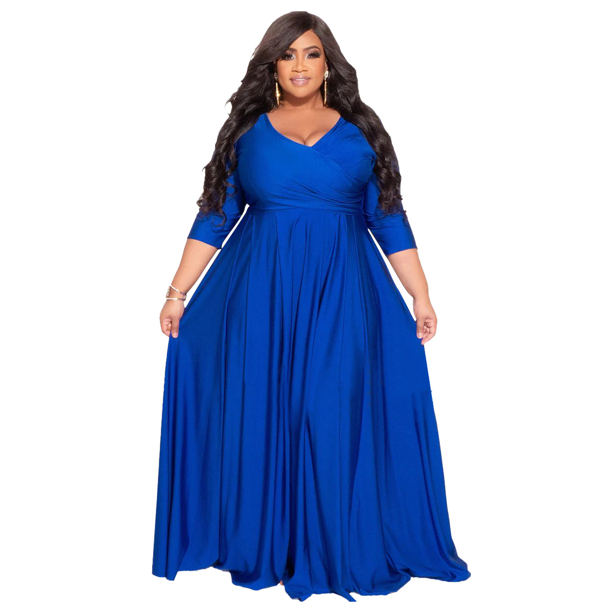 2024 Hot Selling Oversized Plus Size Lady Women's Clothing Solid Color V-neck Sexy Wedding Formal Dress