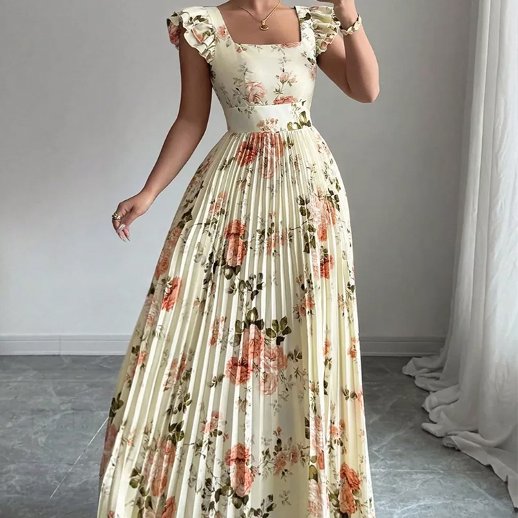 Square Neck Ruffle Sleeve High Waist Pleated Floral Eco-Friendly Breathable Casual Floor-Length Maxi Dress