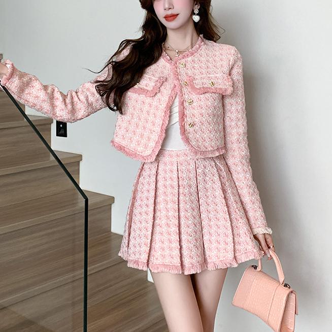 Autumn Casual Two Piece Set For Women Custom Pure Polyester Crew Neck Button Blazer Mini Pleated Skirt Solid Pink Tweed Suits